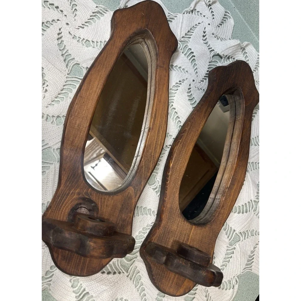 Vintage Pair Of Wooden Wall Hanging Mirrored Taper Candle Holder Sconce Rustic